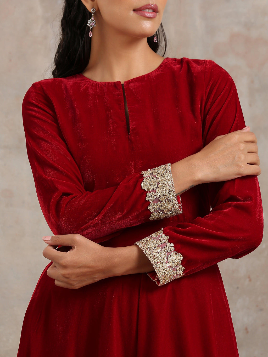 trueBrowns Red Velvet Flared Lace Kurta | Grocsy