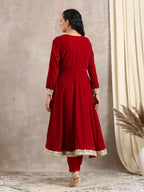 trueBrowns Red Velvet Flared Lace Kurta | Grocsy