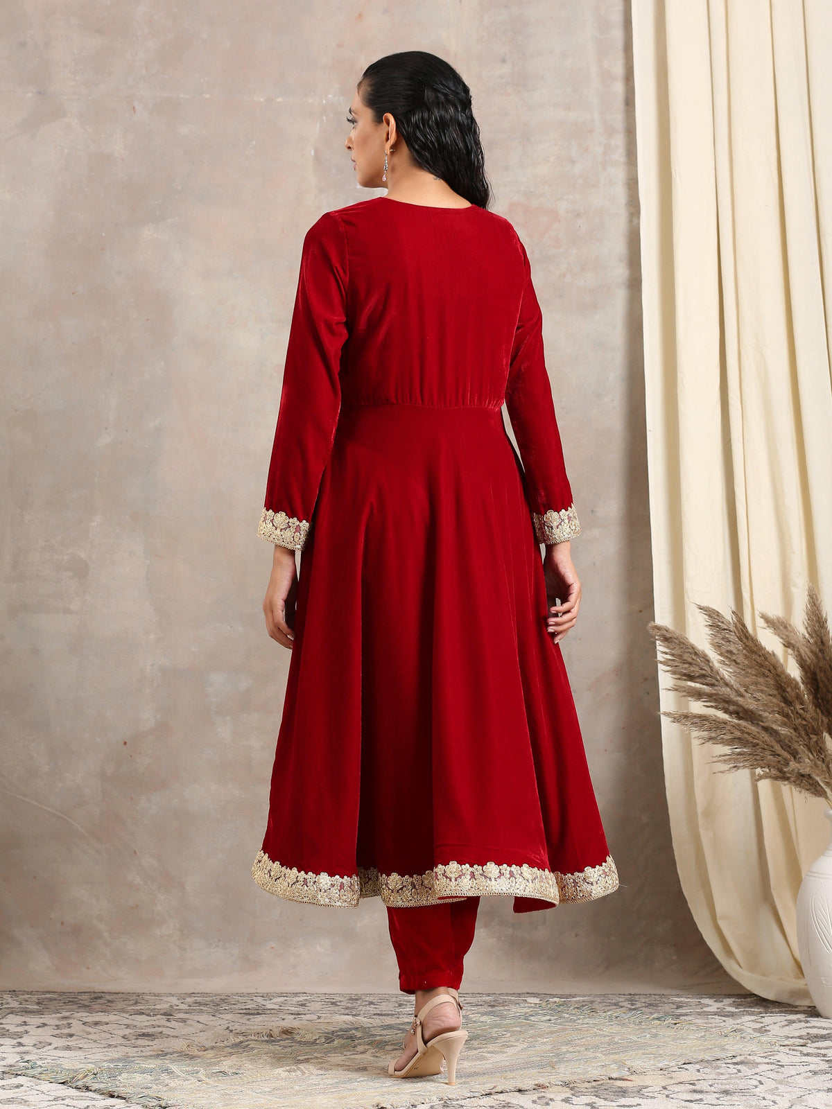 trueBrowns Red Velvet Flared Lace Kurta | Grocsy