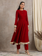 trueBrowns Red Velvet Flared Lace Kurta | Grocsy