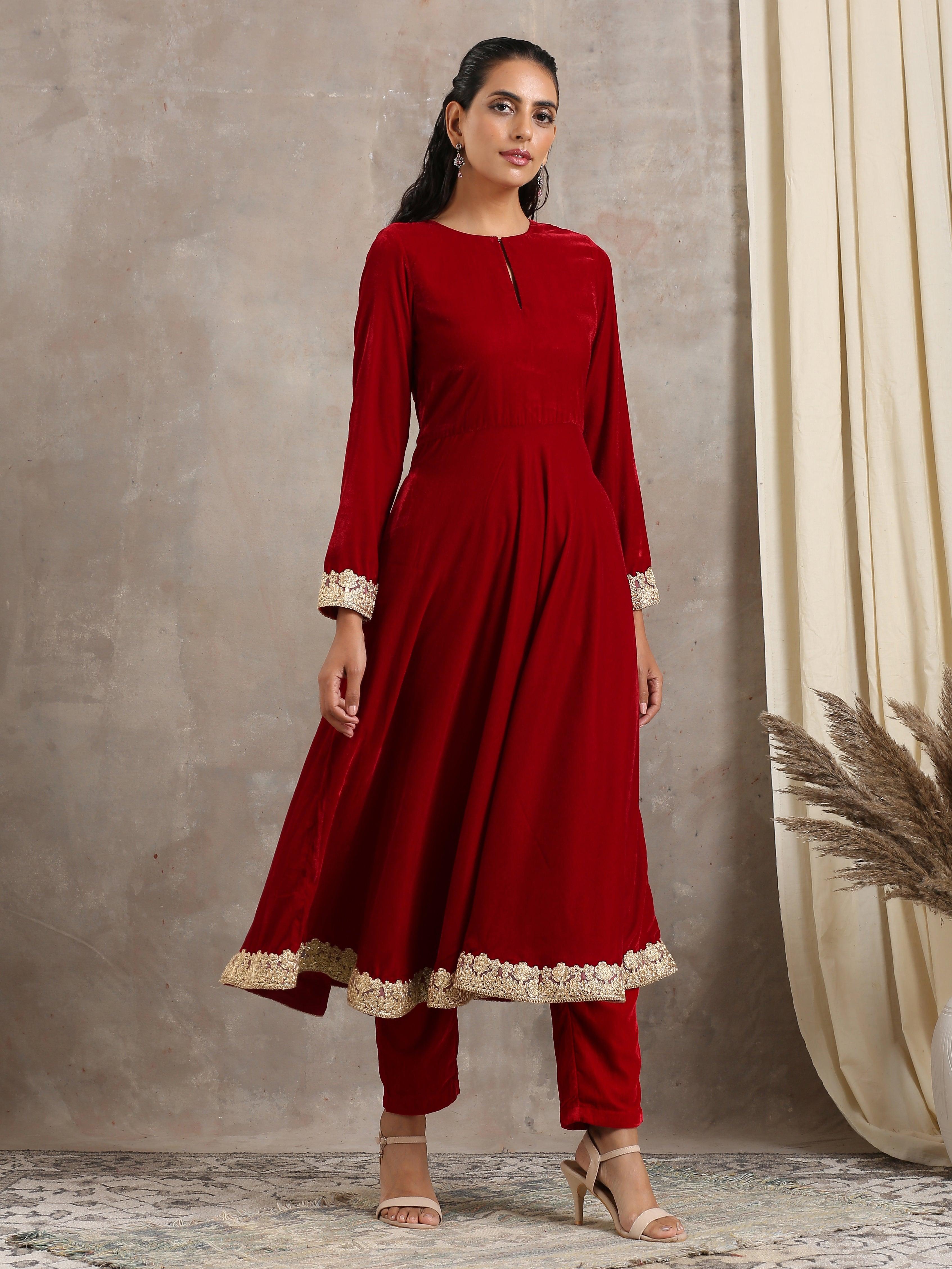 trueBrowns Red Velvet Flared Lace Kurta | Grocsy