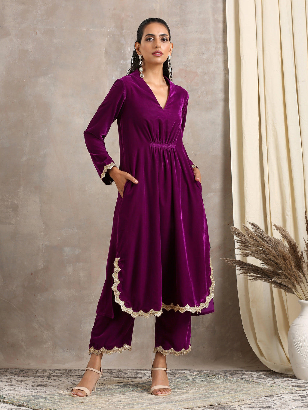 trueBrowns Wine Velvet Lace Kurta Pant Set | Relove | Grocsy