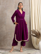 trueBrowns Wine Velvet Lace Kurta Pant Set | Relove | Grocsy