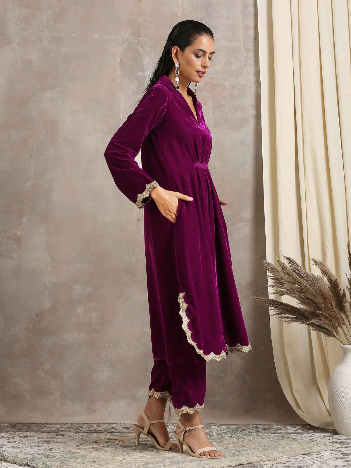 trueBrowns Wine Velvet Lace Kurta Pant Set | Relove | Grocsy