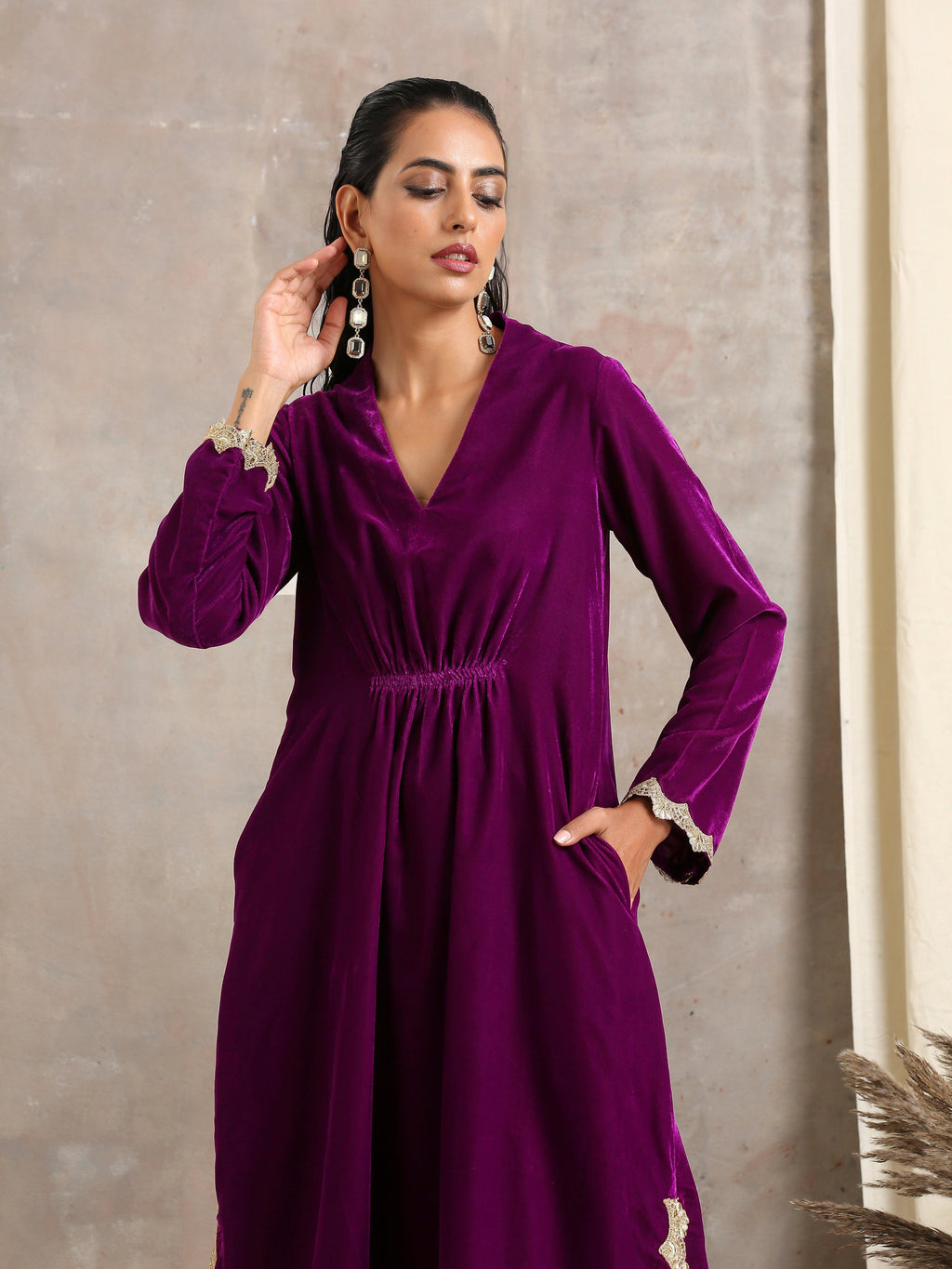 trueBrowns Wine Velvet Lace Kurta Pant Set | Relove | Grocsy