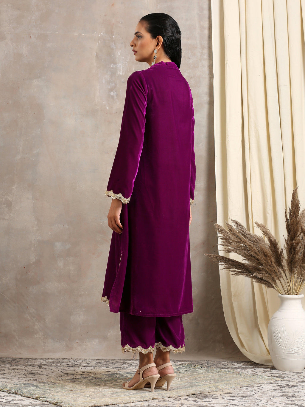 trueBrowns Wine Velvet Lace Kurta Pant Set | Relove | Grocsy