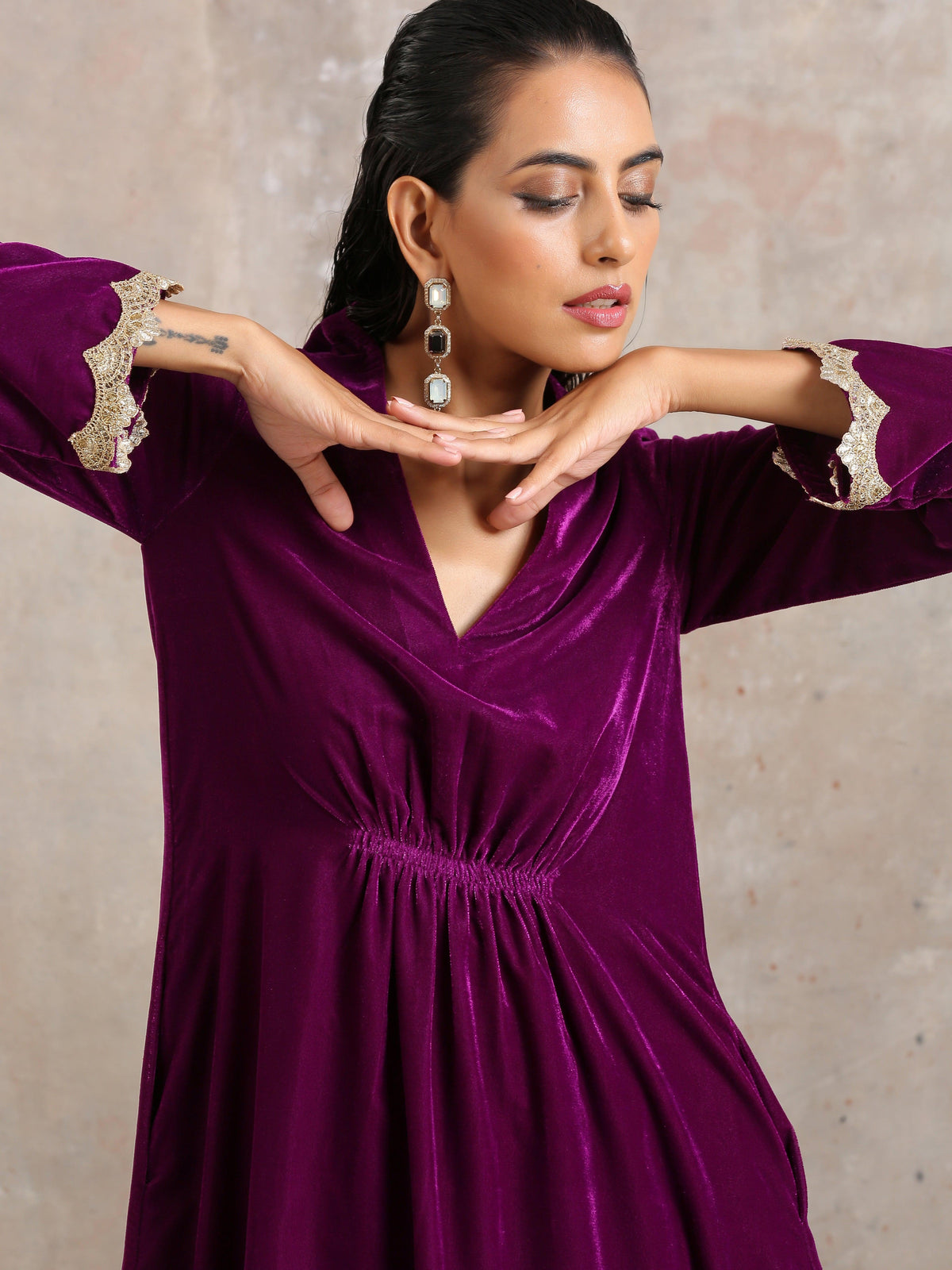 trueBrowns Wine Velvet Lace Kurta Pant Set | Relove | Grocsy