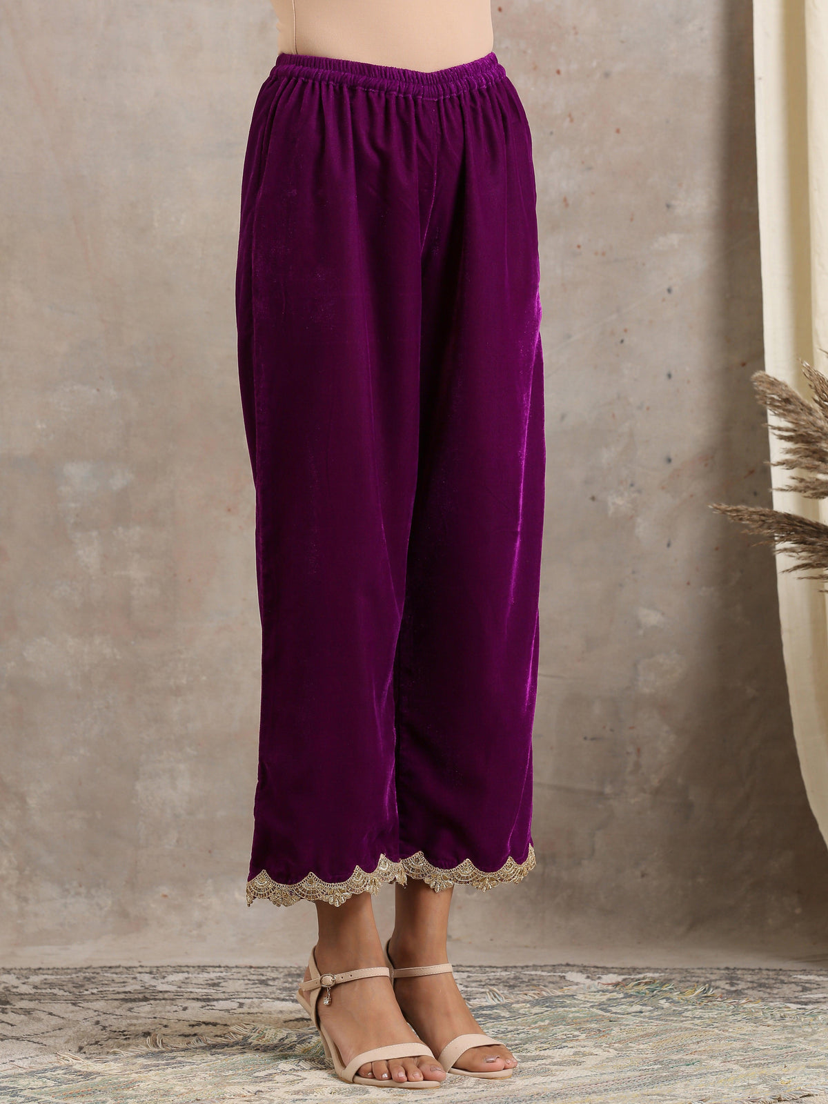 trueBrowns Wine Velvet Lace Kurta Pant Set | Relove | Grocsy
