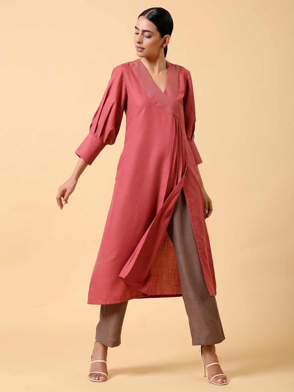 trueBrowns Cotton Linen Rust Red Kurta Pant Set | Grocsy