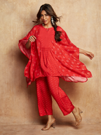 trueBrowns Red Bandhani Printed Silk Kaftan Gathered Co-Ord Set | Grocsy