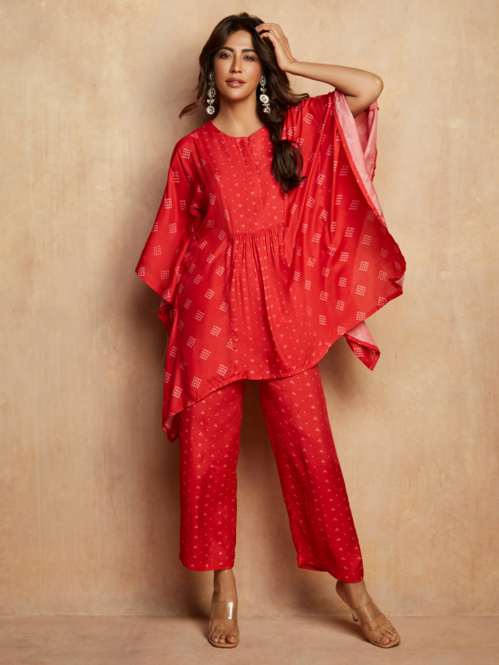 trueBrowns Red Bandhani Printed Silk Kaftan Gathered Co-Ord Set | Grocsy