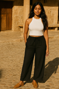 trueBrowns Black Cotton Blend Elasticated Drawstring Straight Pants | Grocsy