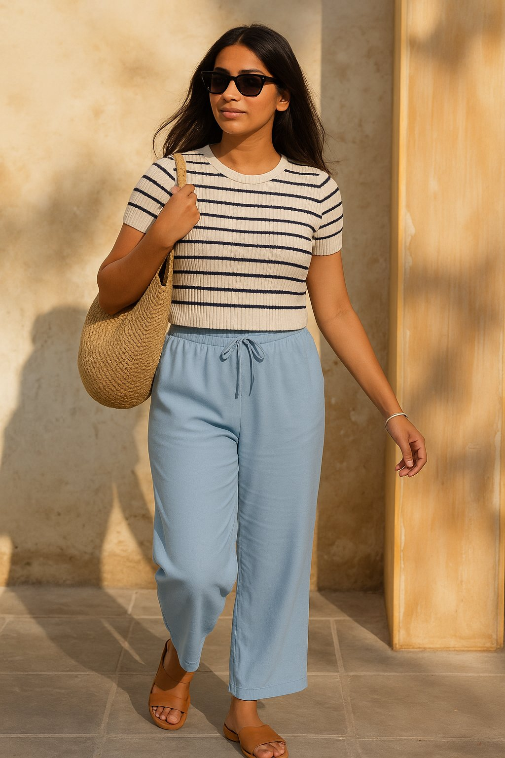 trueBrowns Light Blue Cotton Blend Straight Drawstring Pants | Grocsy