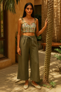 trueBrowns Olive Cotton Blend Elasticated Drawstring Straight Pants | Grocsy