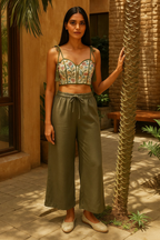 trueBrowns Olive Cotton Blend Elasticated Drawstring Straight Pants | Grocsy