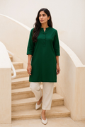trueBrowns Dark Green Cotton Blend Short Kurta | Grocsy