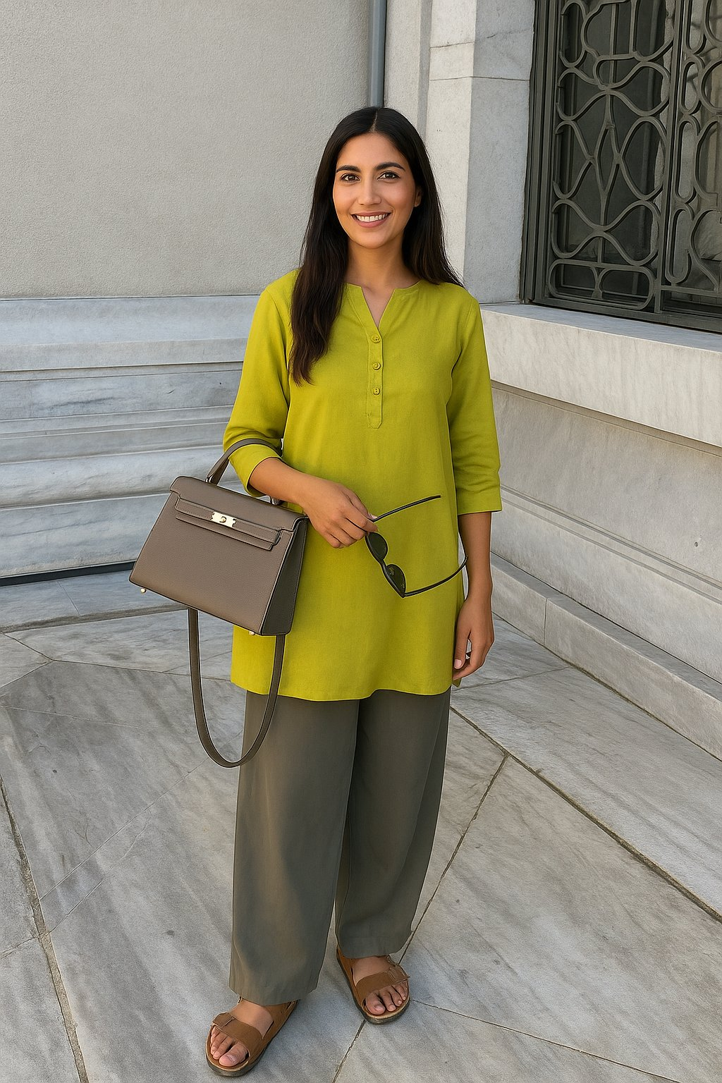 trueBrowns Lime Cotton Blend Short Kurta | Grocsy