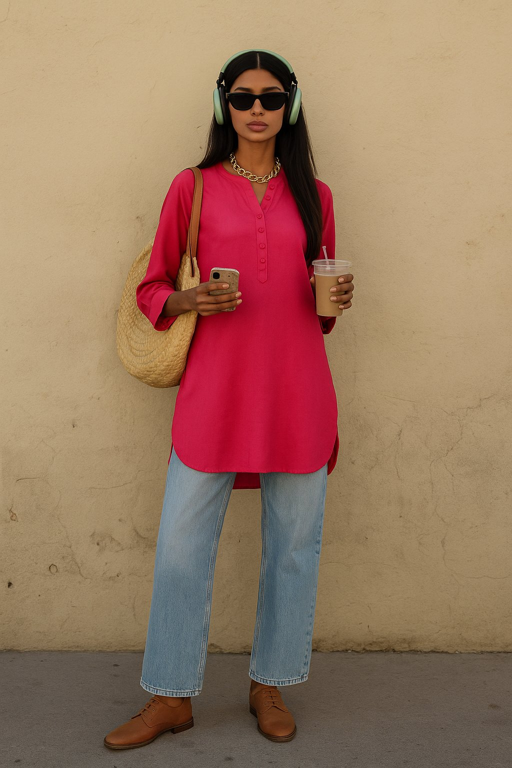 trueBrowns Fuchsia Cotton Blend Short Kurta | Grocsy
