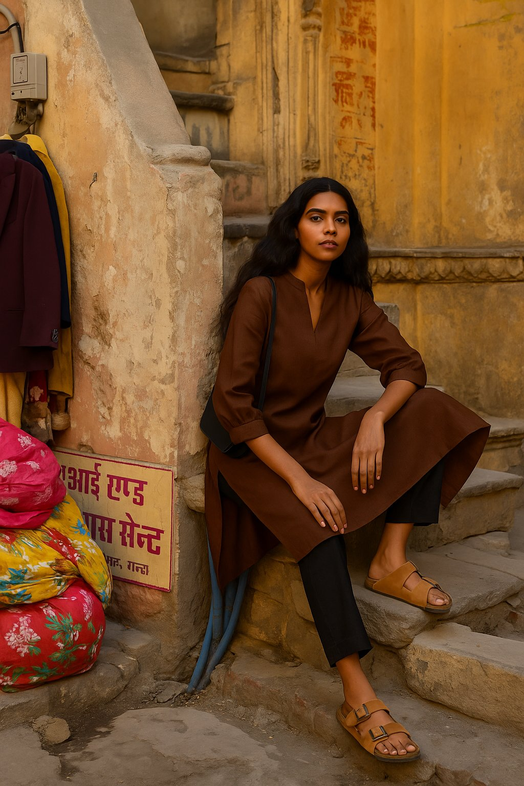 trueBrowns Brown Cotton Blend Short Kurta | Grocsy