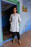 trueBrowns White Cotton Blend Short Kurta | Grocsy