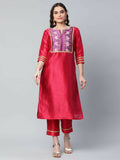 Ahalyaa Womens Red Art Silk Printed Kurta Pant Set | Grocsy