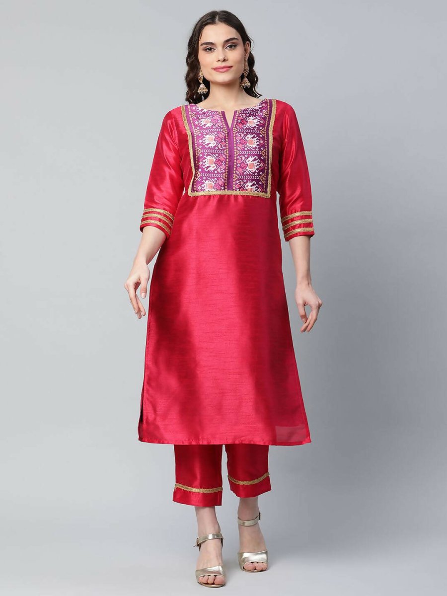 Ahalyaa Womens Red Art Silk Printed Kurta Pant Set | Grocsy