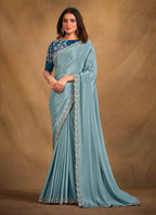 Light Blue Crepe Georgette Silk Designer Saree with Unstitched Blouse - Norita Mahitha | Grocsy