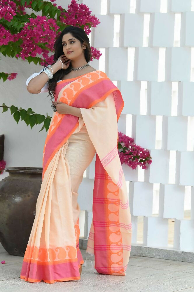 Beatitude Cream Cotton Paisley Border Tangail Handloom Saree | Grocsy