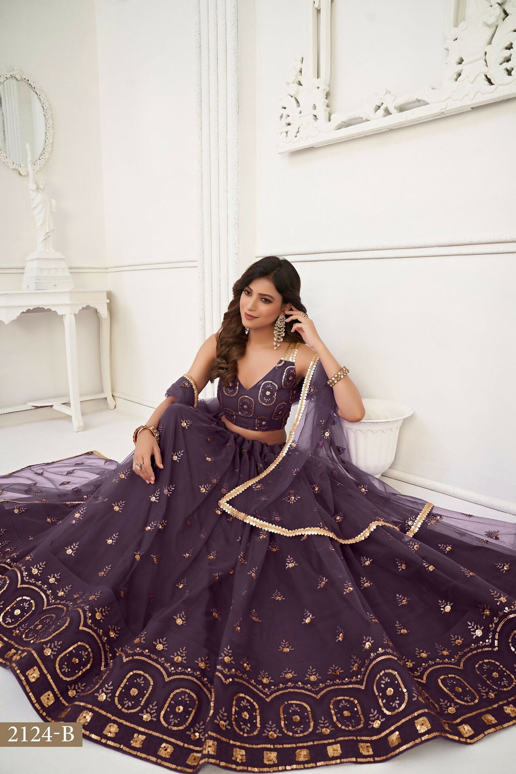 Eilara Women'S Dusty Wine Butterfly Net With Tone Thread Work And Sandwich Embroidered Work Lehenga Choli For Wedding | Grocsy