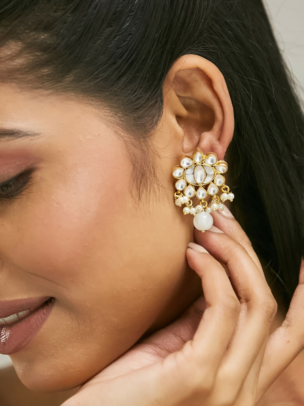Nuyug 22K Gold-Plated Elegant MOP Studded Ethnic Pearl Drop Stud Earrings | Grocsy