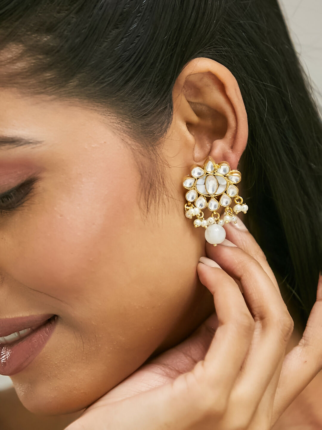 Nuyug 22K Gold-Plated Elegant MOP Studded Ethnic Pearl Drop Stud Earrings | Grocsy