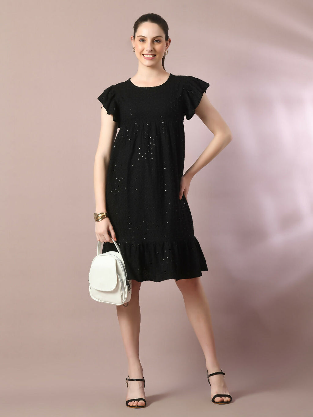 Myshka Women's Black Embroidered Cotton Round Neck A-Line Party Dress | Grocsy