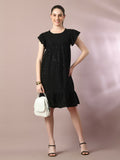 Myshka Women's Black Embroidered Cotton Round Neck A-Line Party Dress | Grocsy
