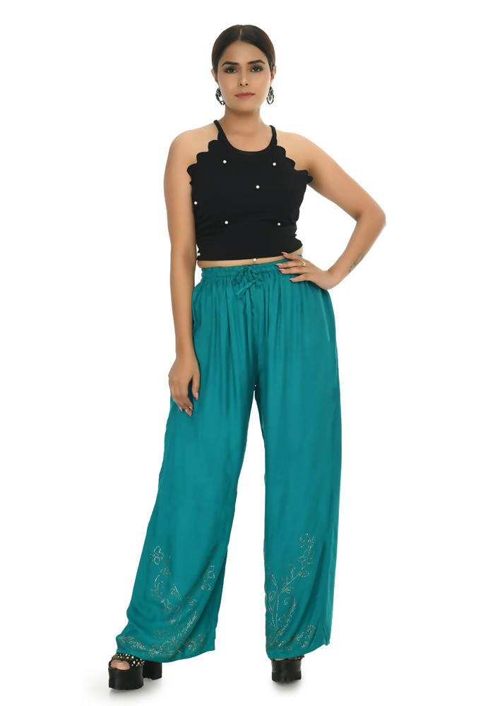 Mominos Fashion Moeza Reyon Cotton Rama Green Color Sirsoki Work Palazzo | Grocsy