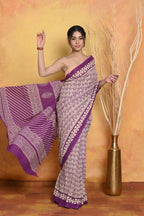 Very Much Indian Handblock Printed Cotton Saree With Natural Dyes - White | Grocsy