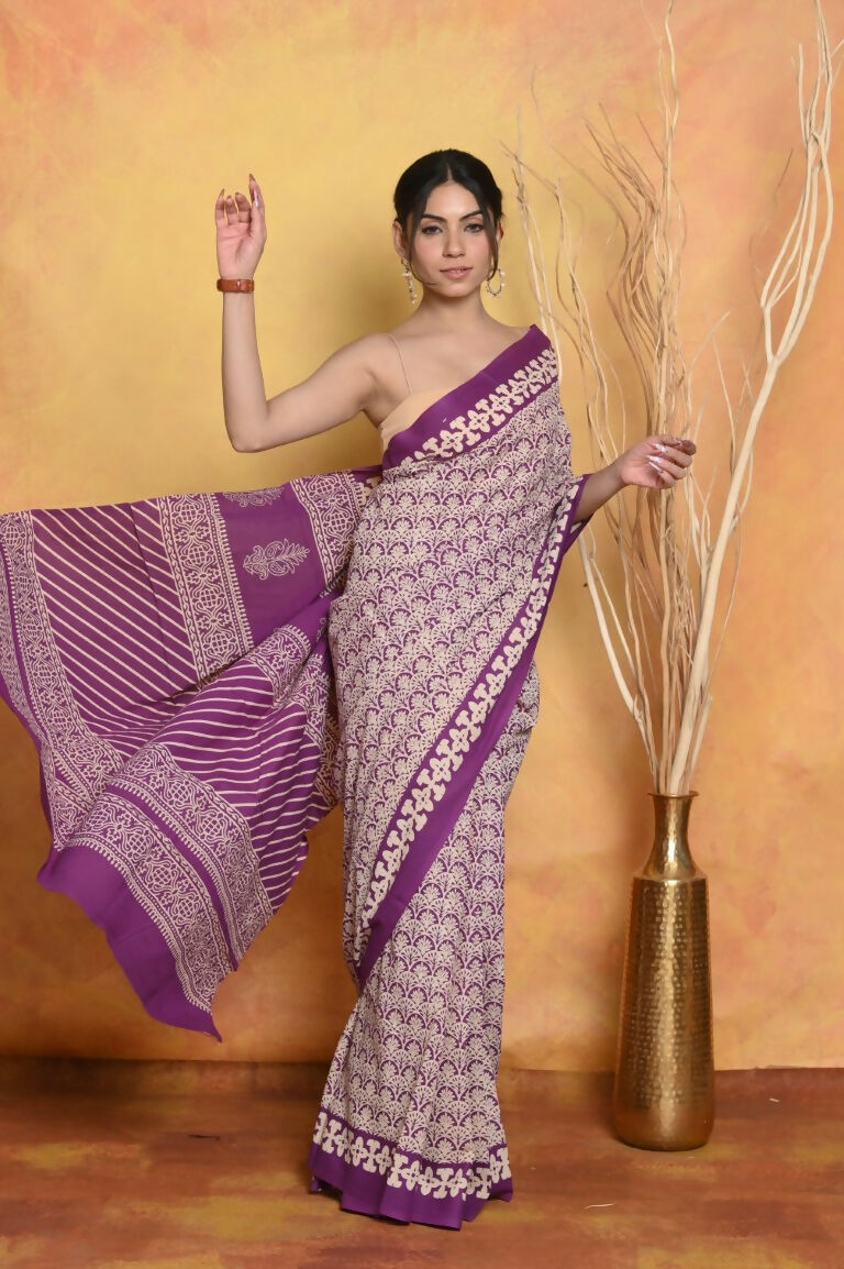 Very Much Indian Handblock Printed Cotton Saree With Natural Dyes - White | Grocsy