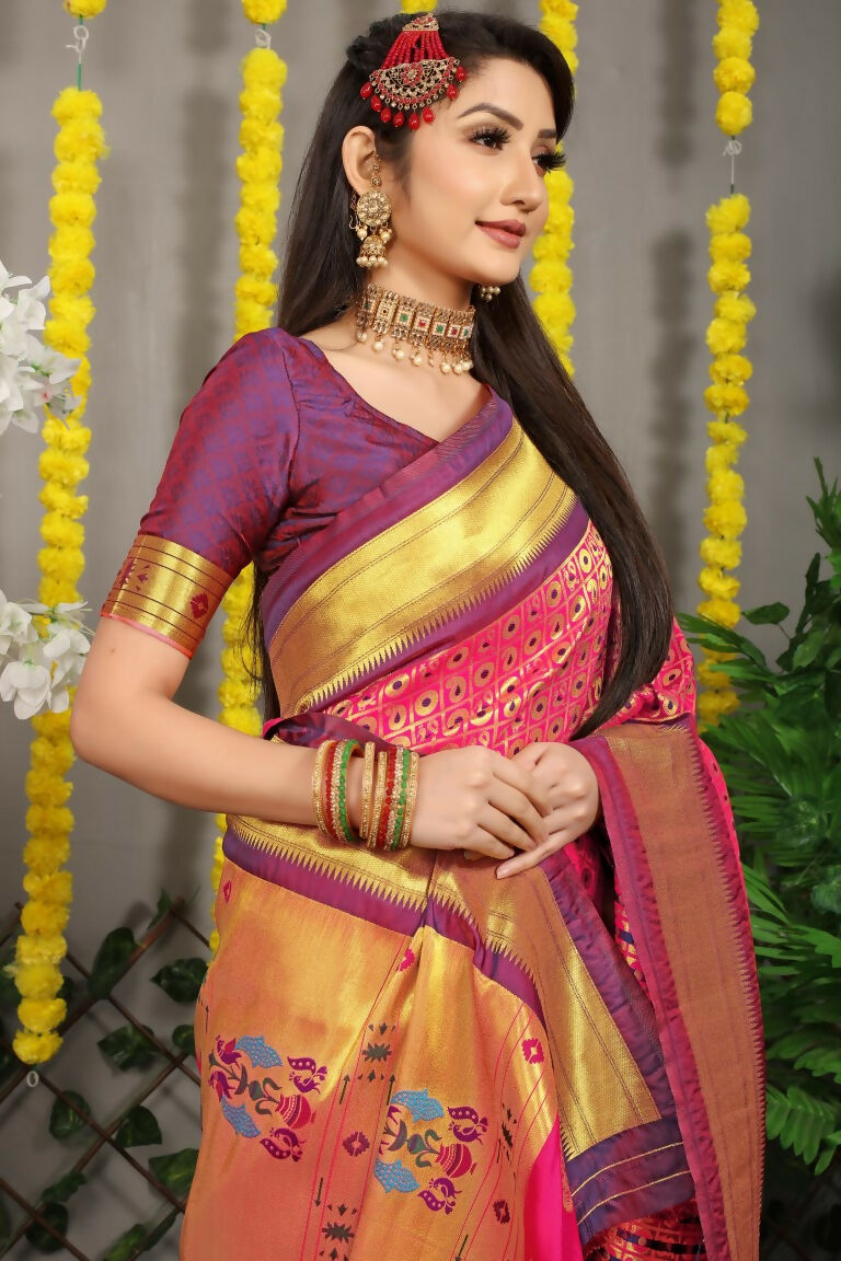 Jyoti Fashion Women's Pink Banarasi Silk Zari Woven Saree with Blouse | Grocsy