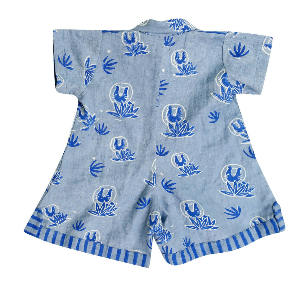 Mhyssa Blue Round Neck Patch Pocket Half Sleeves Romper For Kids | Grocsy