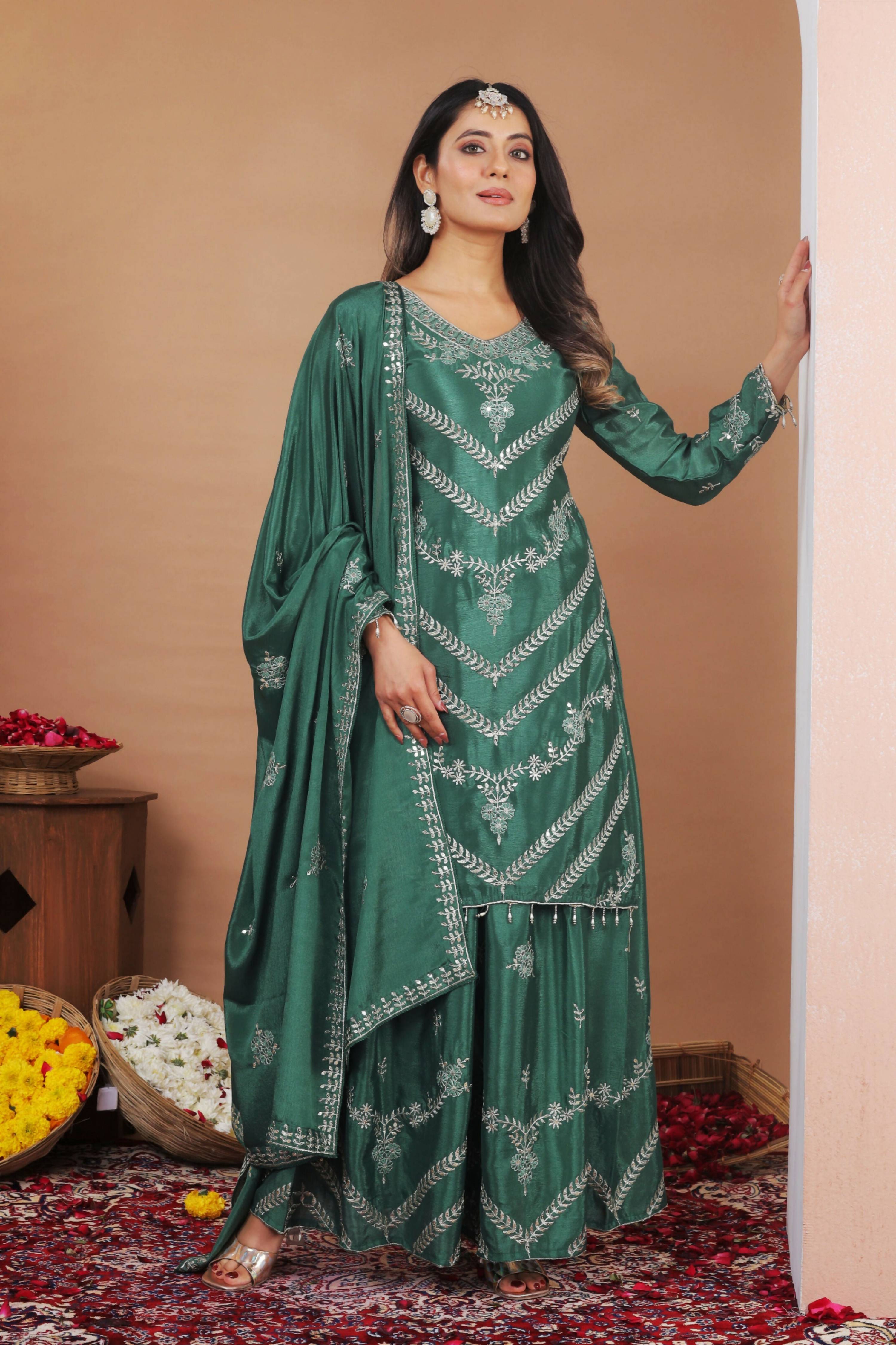 The52 Women's Gorgeous Embroidery Work Chinon Fabric Straight Kurta Sharara and Dupatta Set-Green | Grocsy