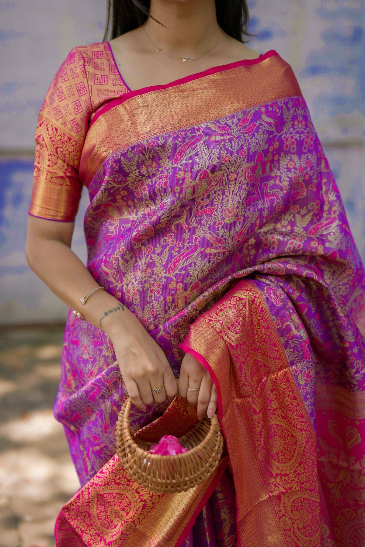 Prime Volt Royal Bridal Kanjivaram Silk Saree with Zari Weaving & Contrast Pink Pallu-Purple | Grocsy