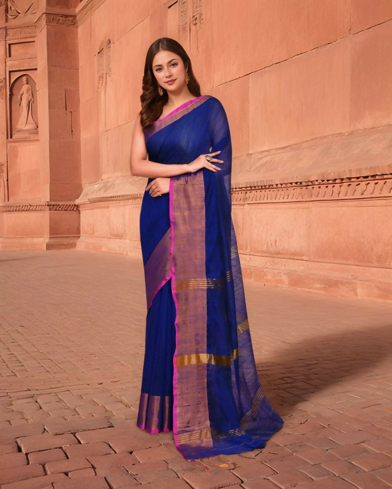 Joban Fashion Women Navy Blue & Megenta Pink Trendy Cotton Saree | Grocsy