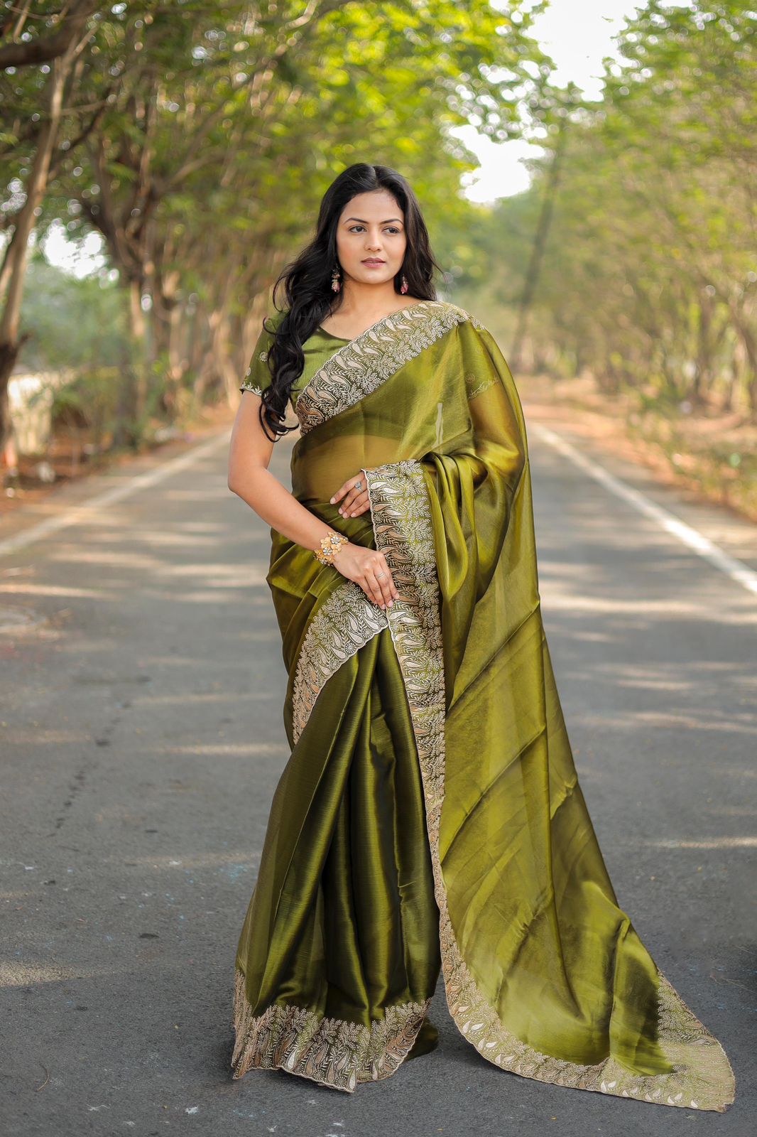 Teeya Creation Mahendi Color Burberry Silk Heavy Work Saree | Grocsy