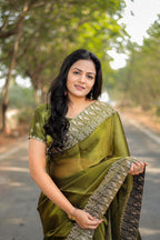 Teeya Creation Mahendi Color Burberry Silk Heavy Work Saree | Grocsy