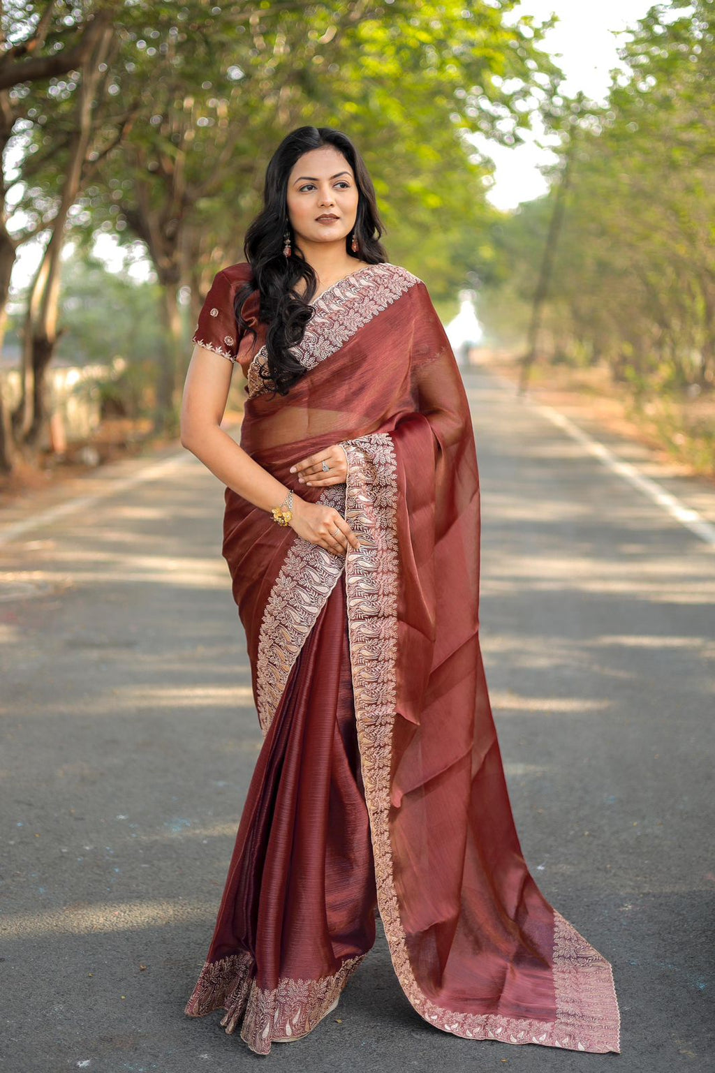 Teeya Creation Peach Color Burberry Silk Heavy Work Saree | Grocsy