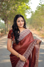 Teeya Creation Peach Color Burberry Silk Heavy Work Saree | Grocsy