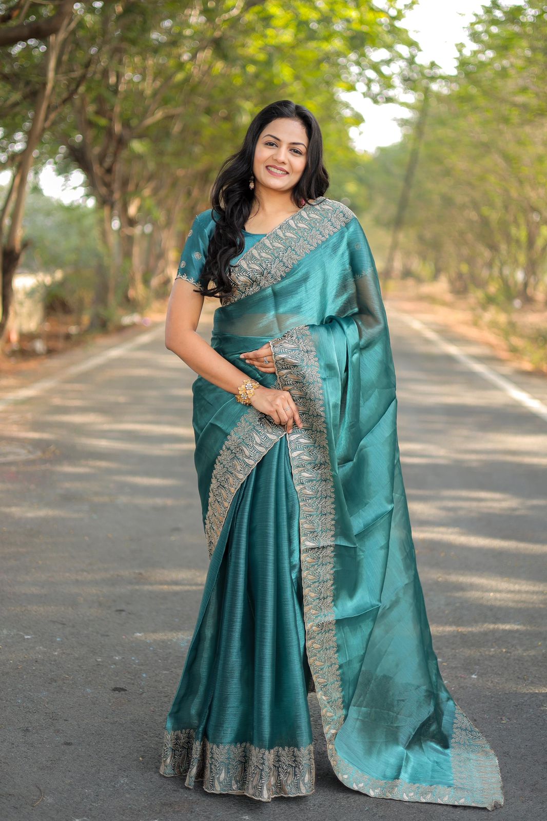 Teeya Creation Sky Color Burberry Silk Heavy Work Saree | Grocsy