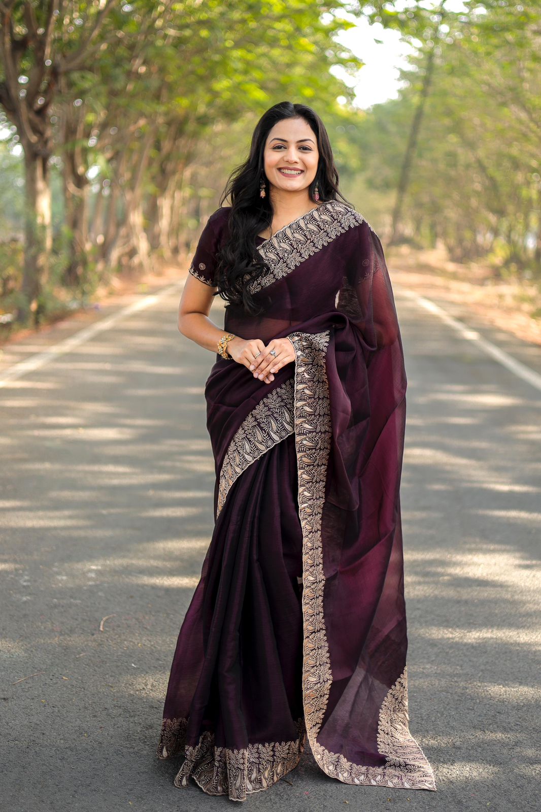 Teeya Creation Wine Color Burberry Silk Heavy Work Saree | Grocsy