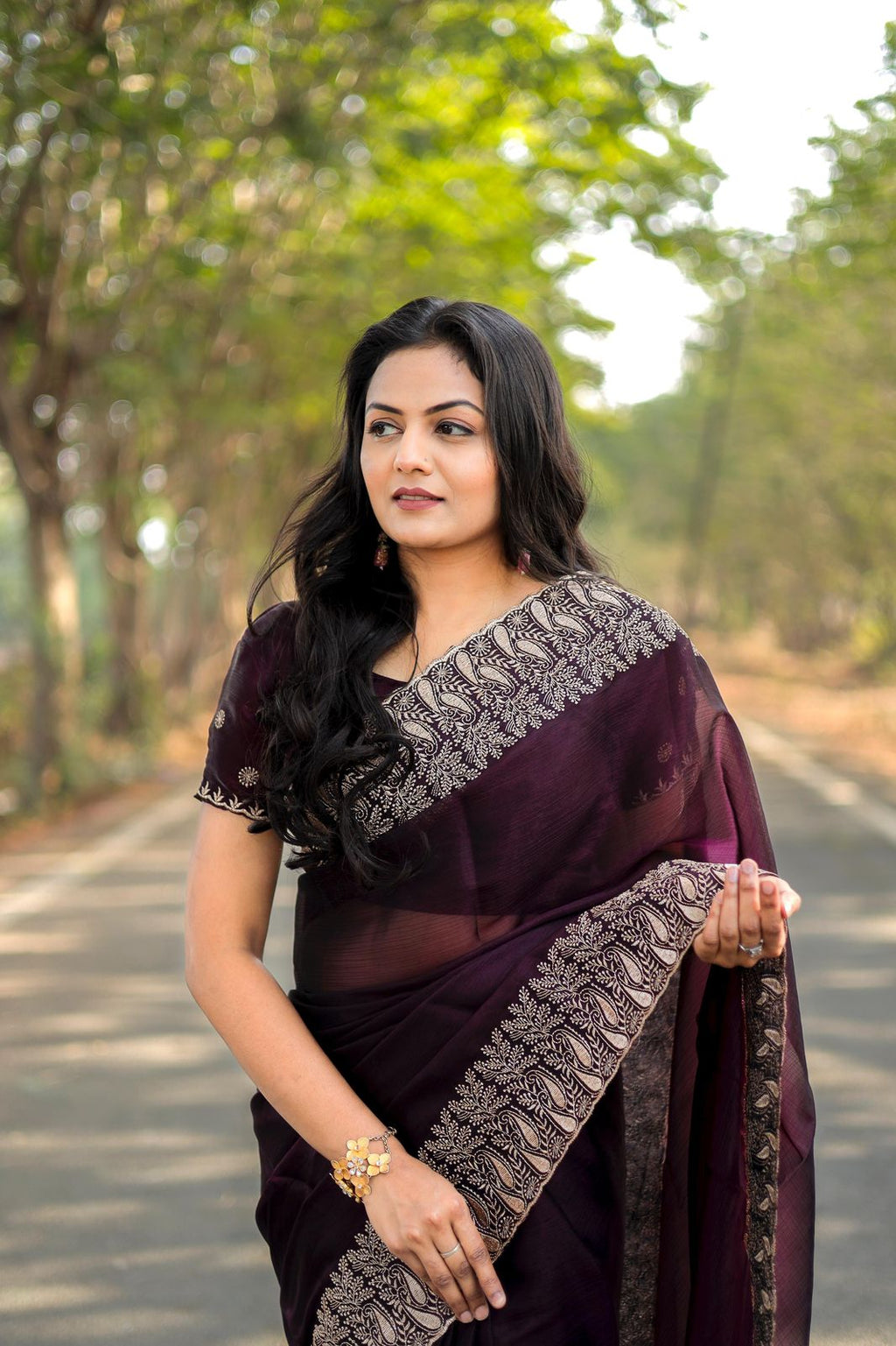 Teeya Creation Wine Color Burberry Silk Heavy Work Saree | Grocsy