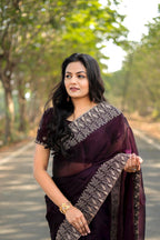 Teeya Creation Wine Color Burberry Silk Heavy Work Saree | Grocsy