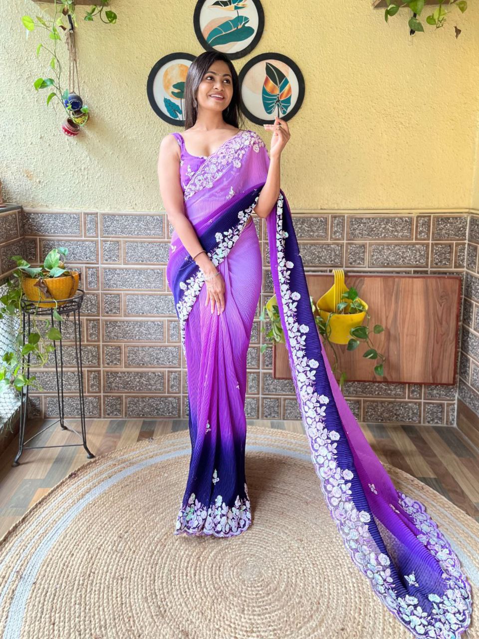 Teeya Creation Blue Color Georgette Embroidery Crush Work Saree | Grocsy
